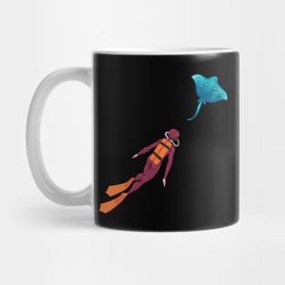 diver observes a stingray, minimalistic graphics for diving addict Mug